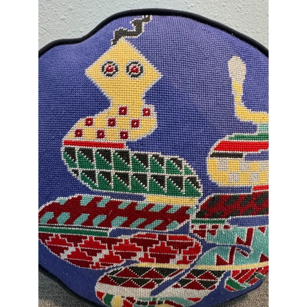 Vintage Needlepoint Throw Pillow Handmade Snake Graphic Multicolor Wool Round